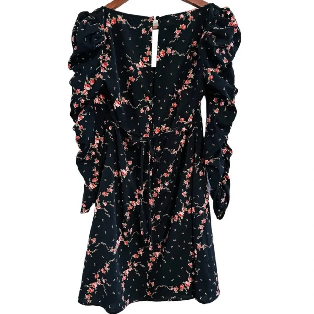 Topshop Black Floral Pink Ruched Long Sleeve Mini Dress size 6 - Picture 3 of 10